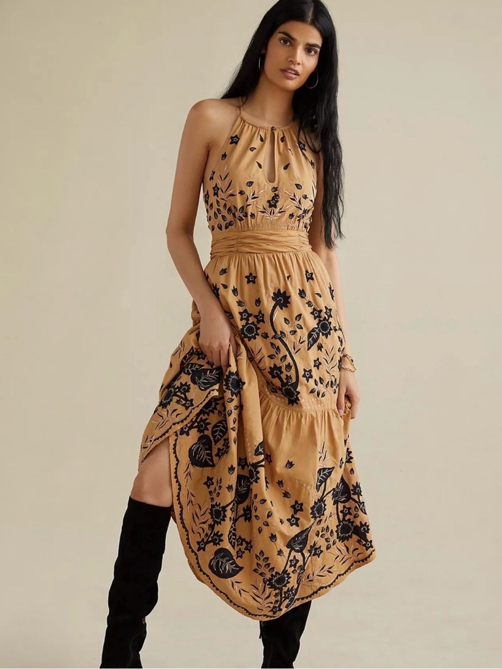 Anthropologie Tan Halter Midi Dress with Black Floral Embroidery